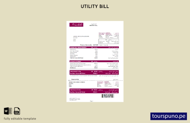 lista para imprimir plantilla de factura de servicios públicos QTEL de Qatar